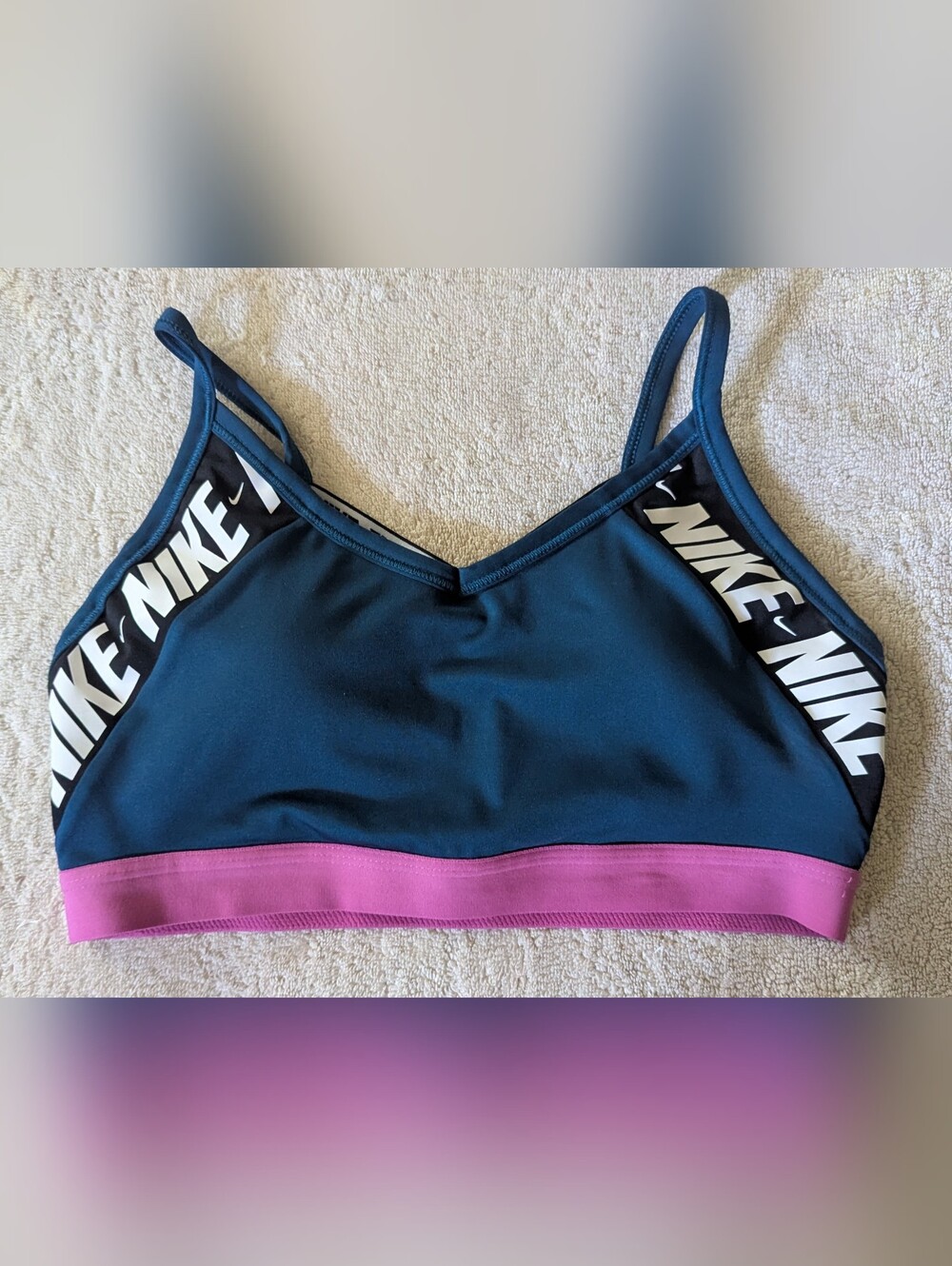 $15 Nike Size L Dri-FIT Indy Logo Strappy Sports Bra Teal Pink Crossback